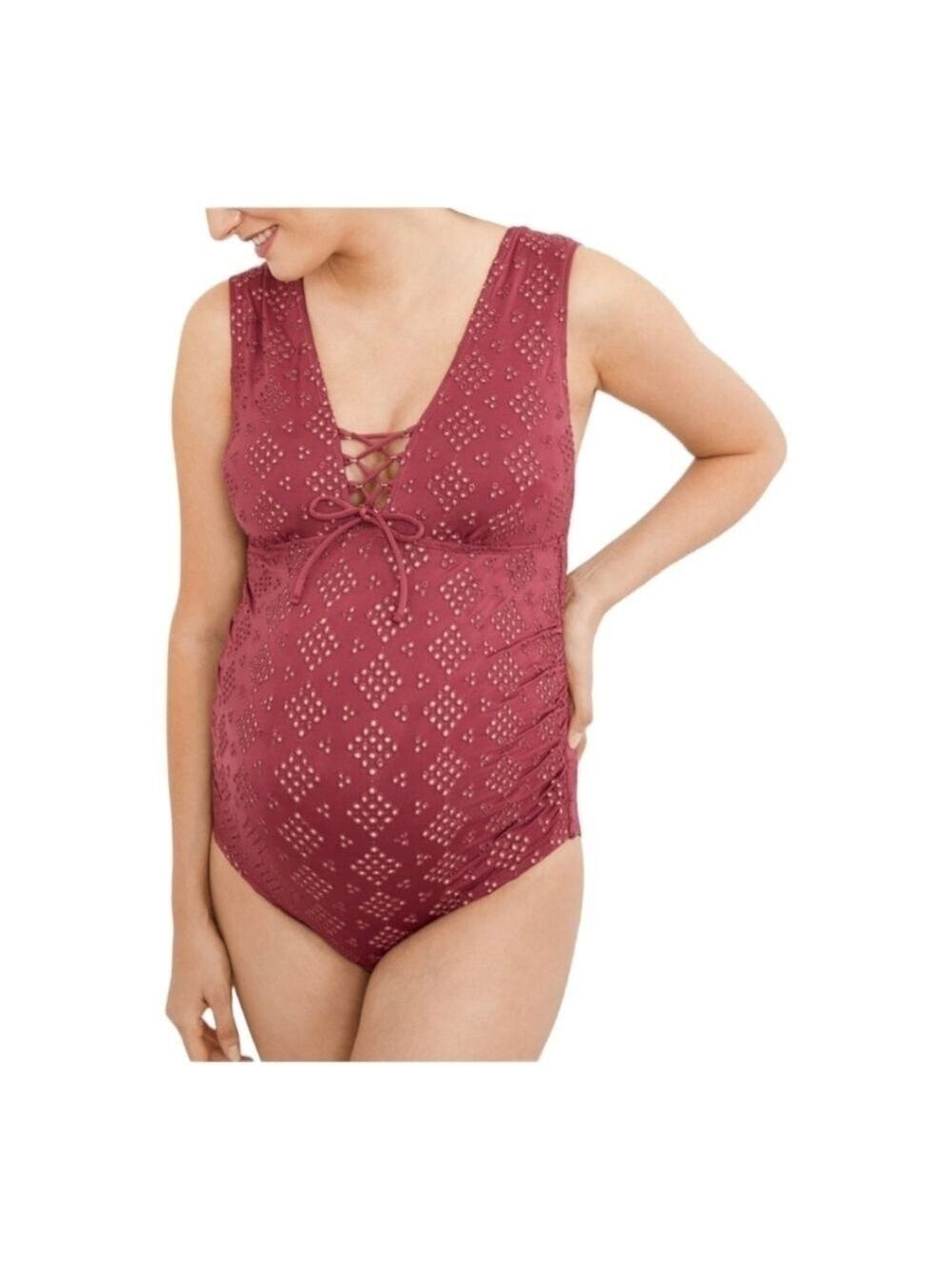 NEW A Pea in the Pod Maroon Tie front one piece maternity bathing suit Small